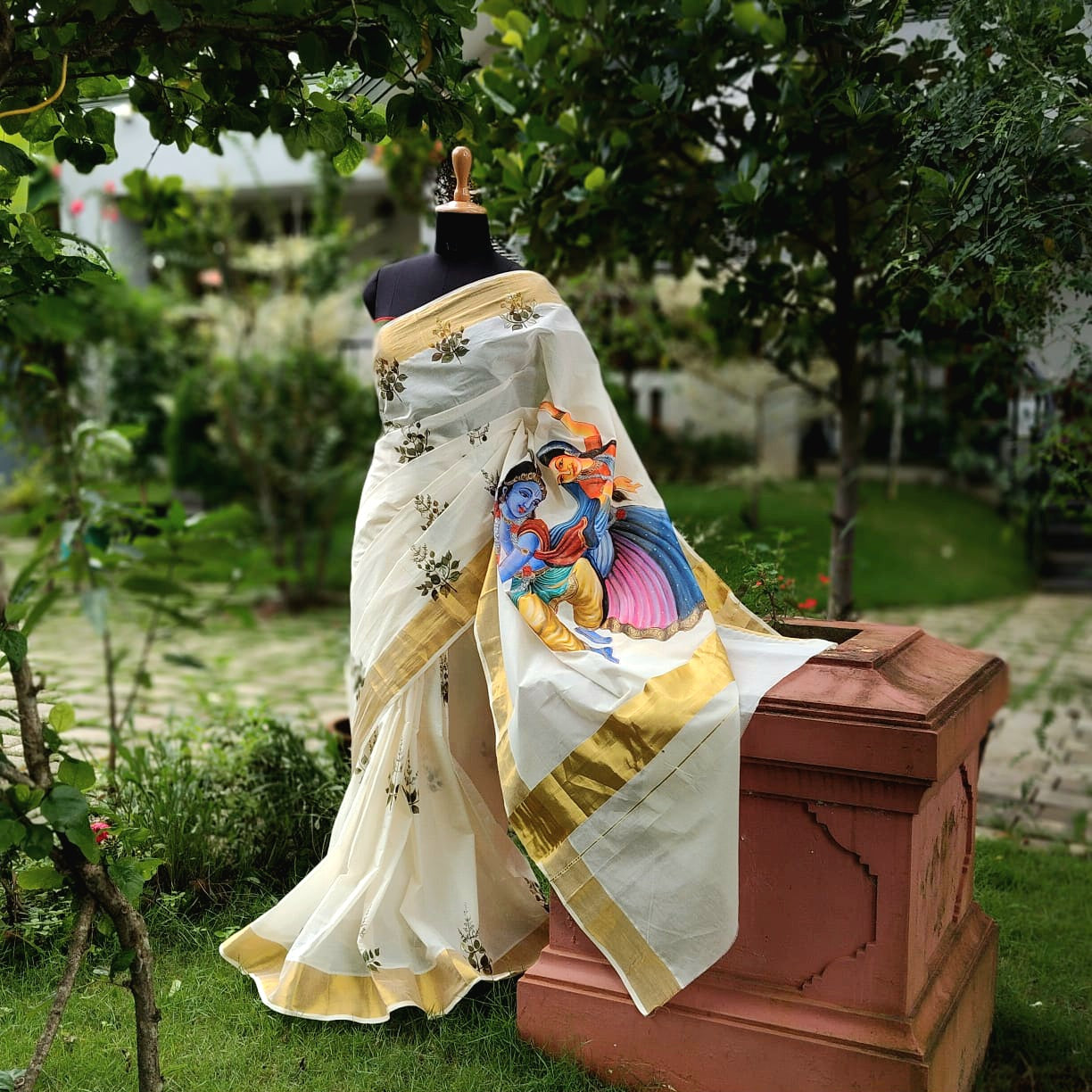Divine Radha Krishna And Tulsi Hand-Painted On a Classic Kasavu Drape