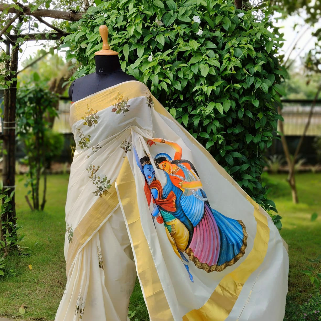Divine Radha Krishna And Tulsi Hand-Painted On a Classic Kasavu Drape