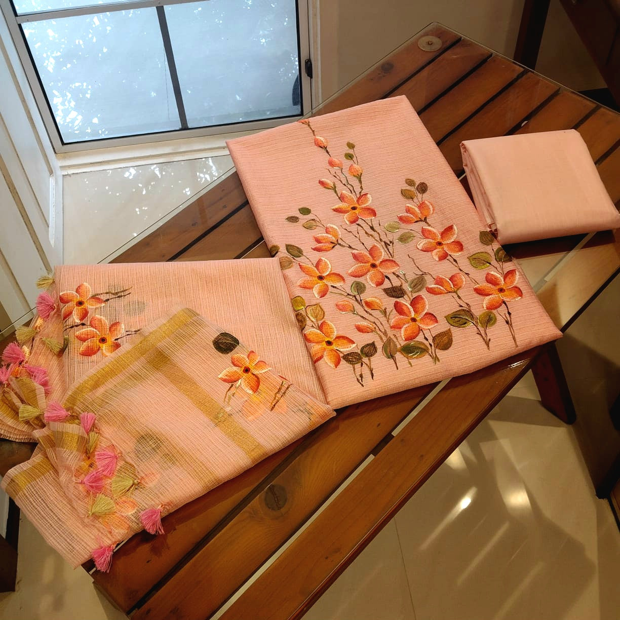 Plumeria blooms Hand-Painted On Soft Kota Doria