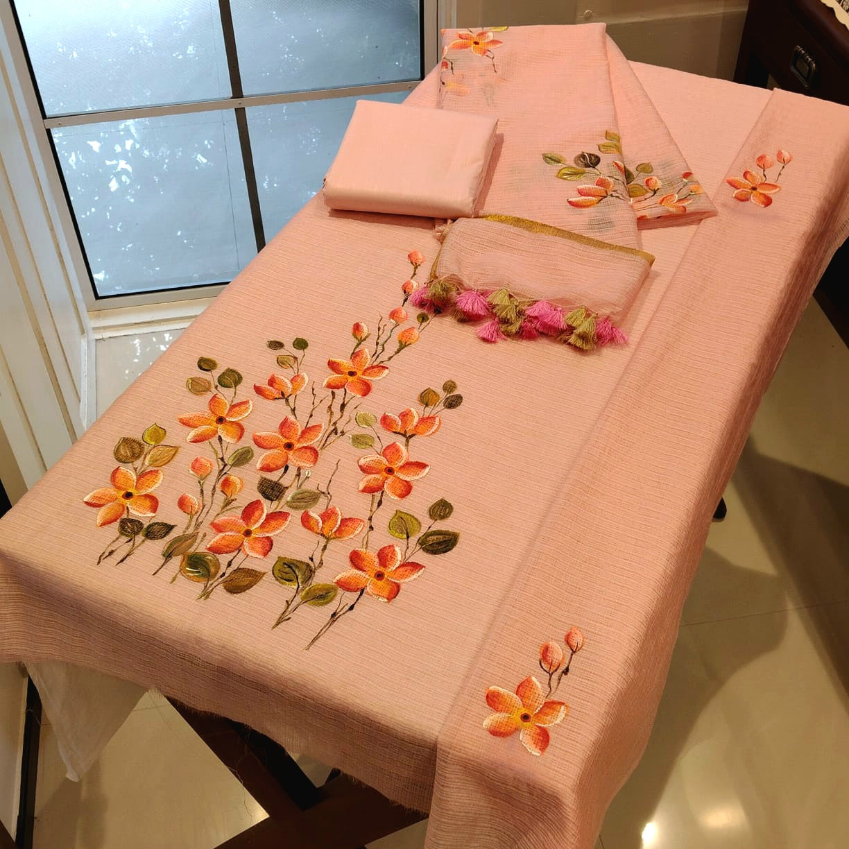 Plumeria blooms Hand-Painted On Soft Kota Doria
