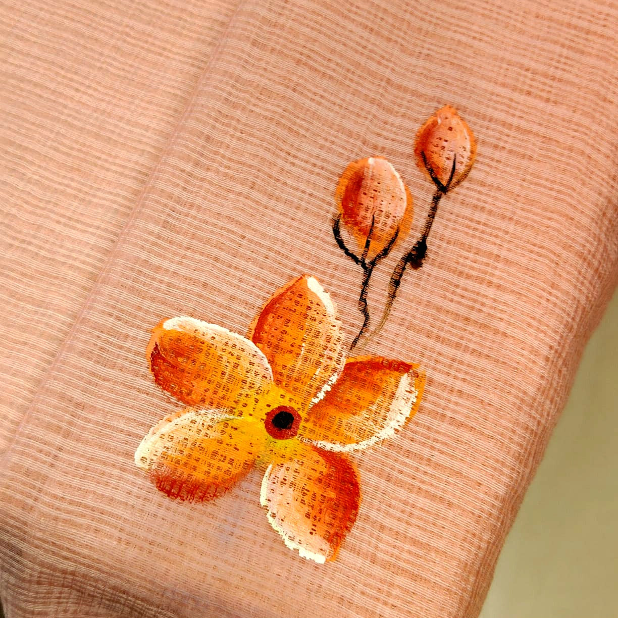 Plumeria blooms Hand-Painted On Soft Kota Doria