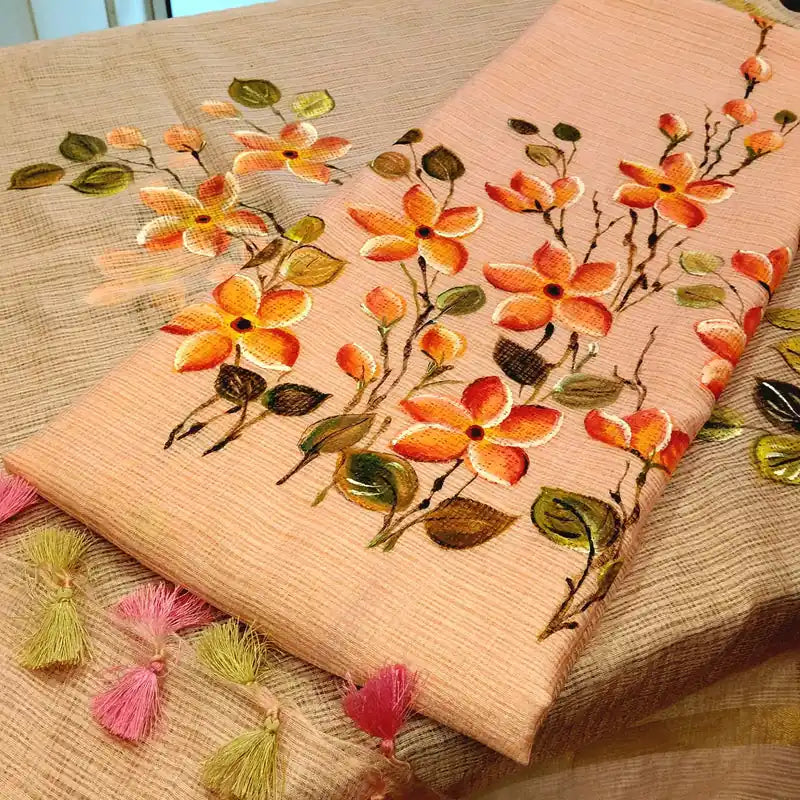 Plumeria blooms Hand-Painted On Soft Kota Doria