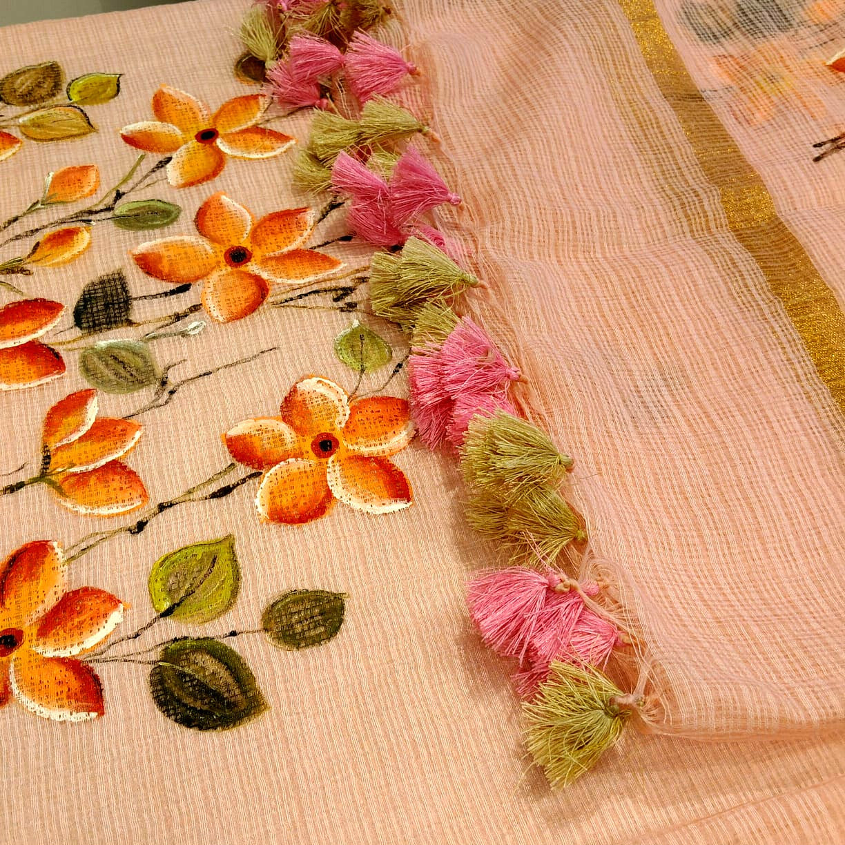 Plumeria blooms Hand-Painted On Soft Kota Doria