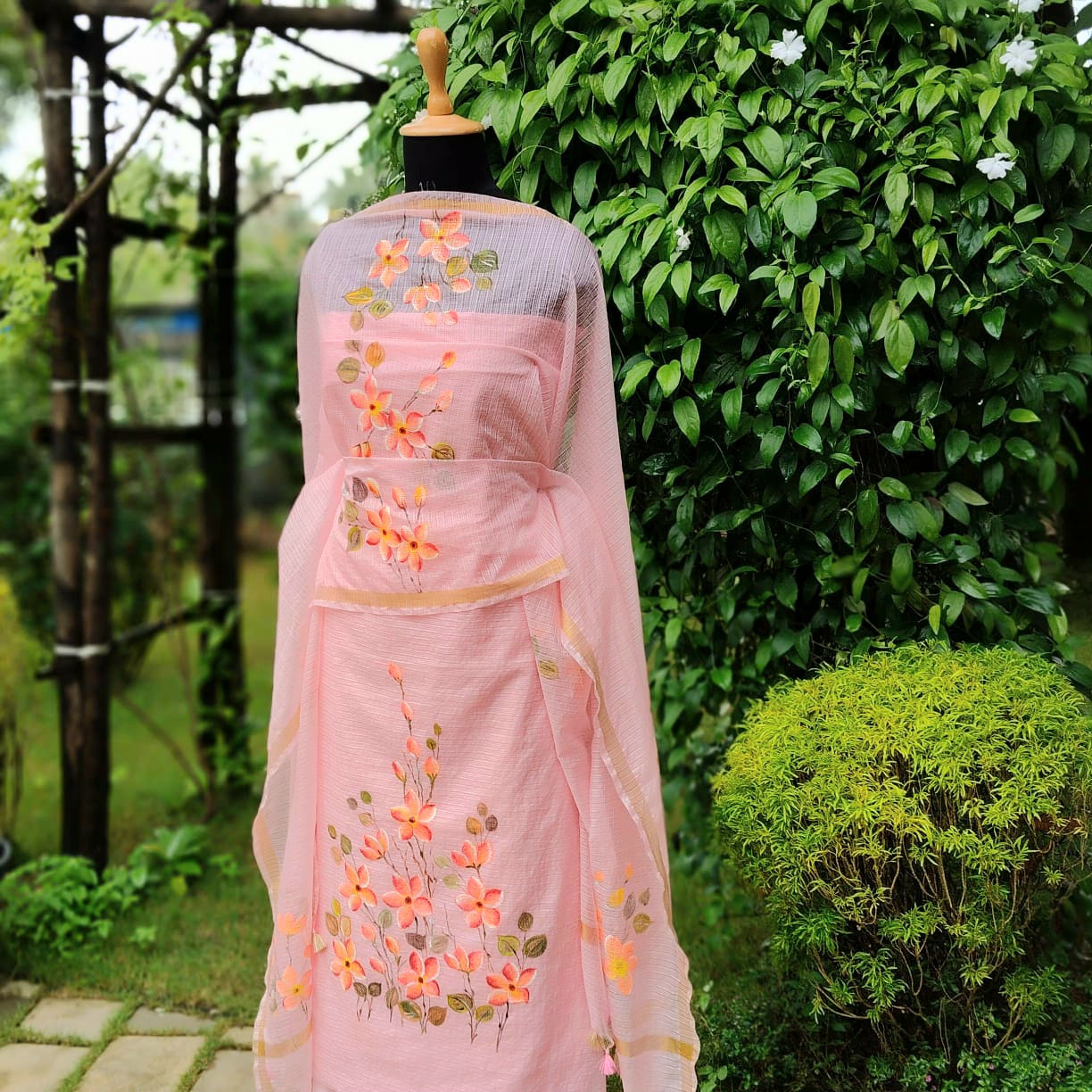 Plumeria blooms Hand-Painted On Soft Kota Doria