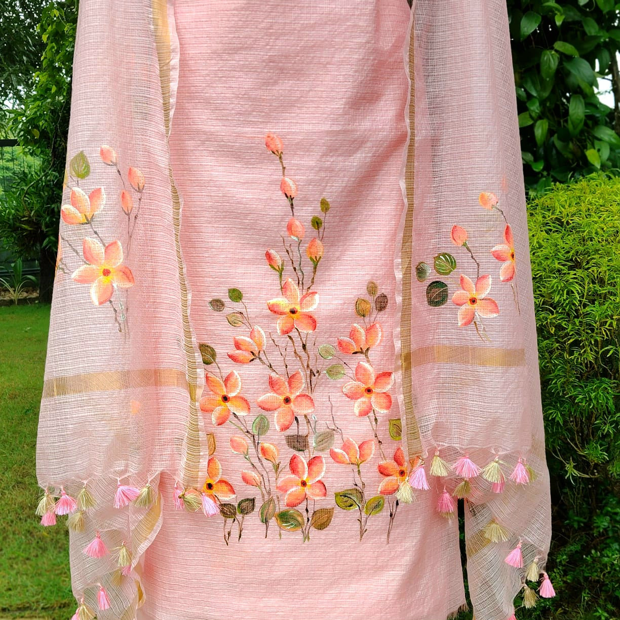Plumeria blooms Hand-Painted On Soft Kota Doria