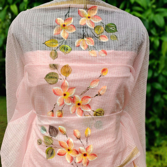 Plumeria blooms Hand-Painted On Soft Kota Doria