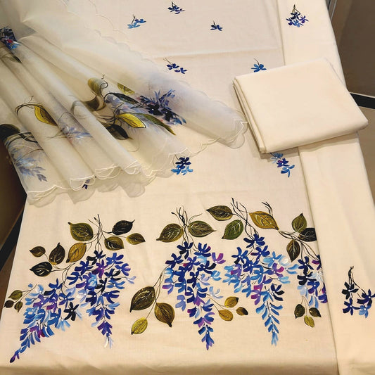 Exquisitely Handpainted Soft Cotton /Organza Kurti Set