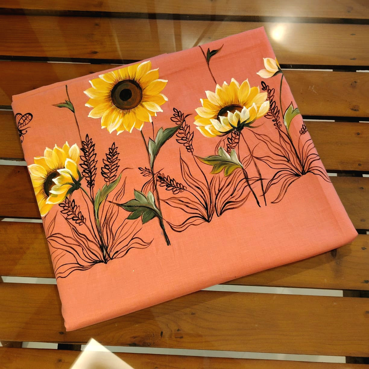 Bright Sunflowers Hand-Painted On Pure Cotton Kurti Fabric