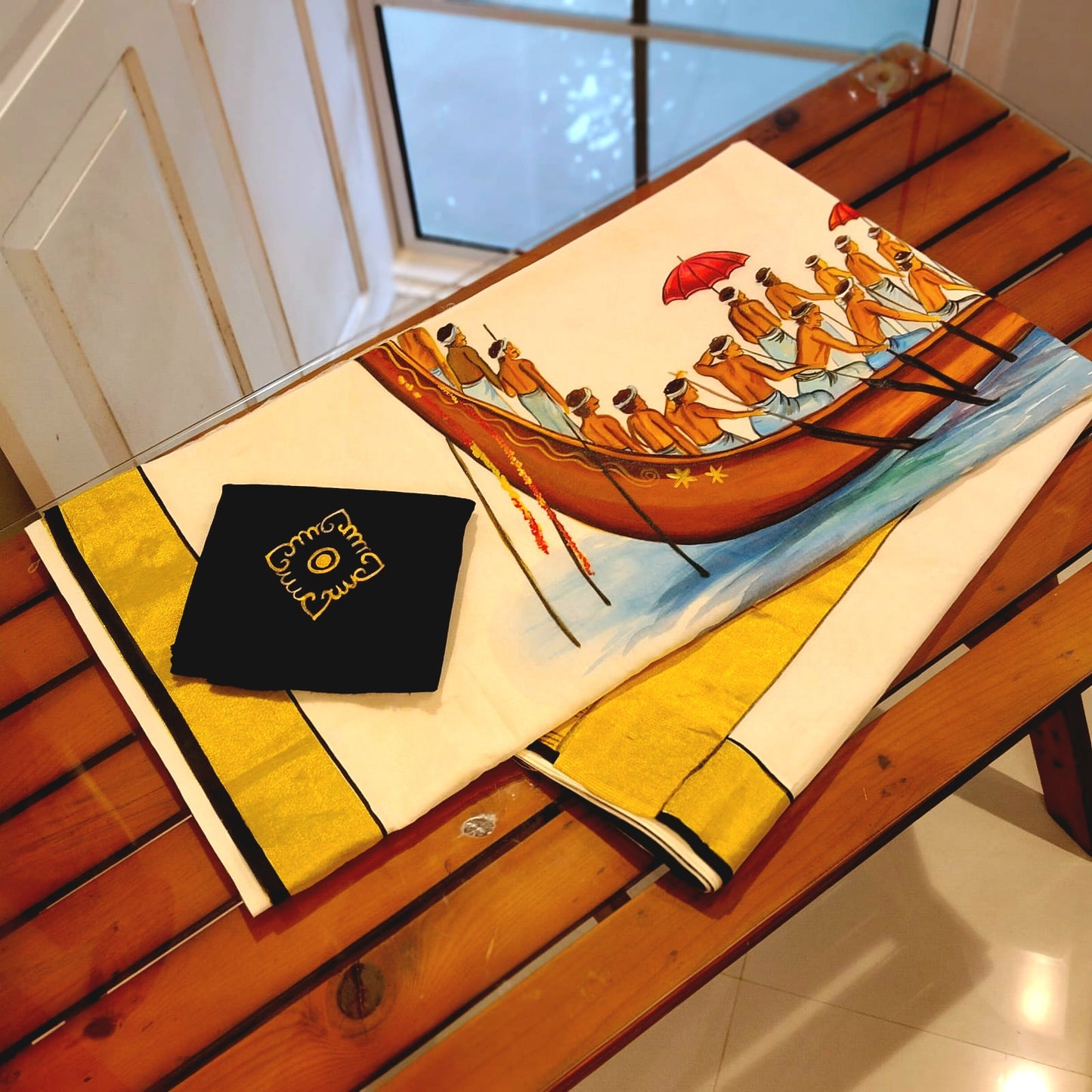Hand-Painted Kerala Saree with Boat Race Motif