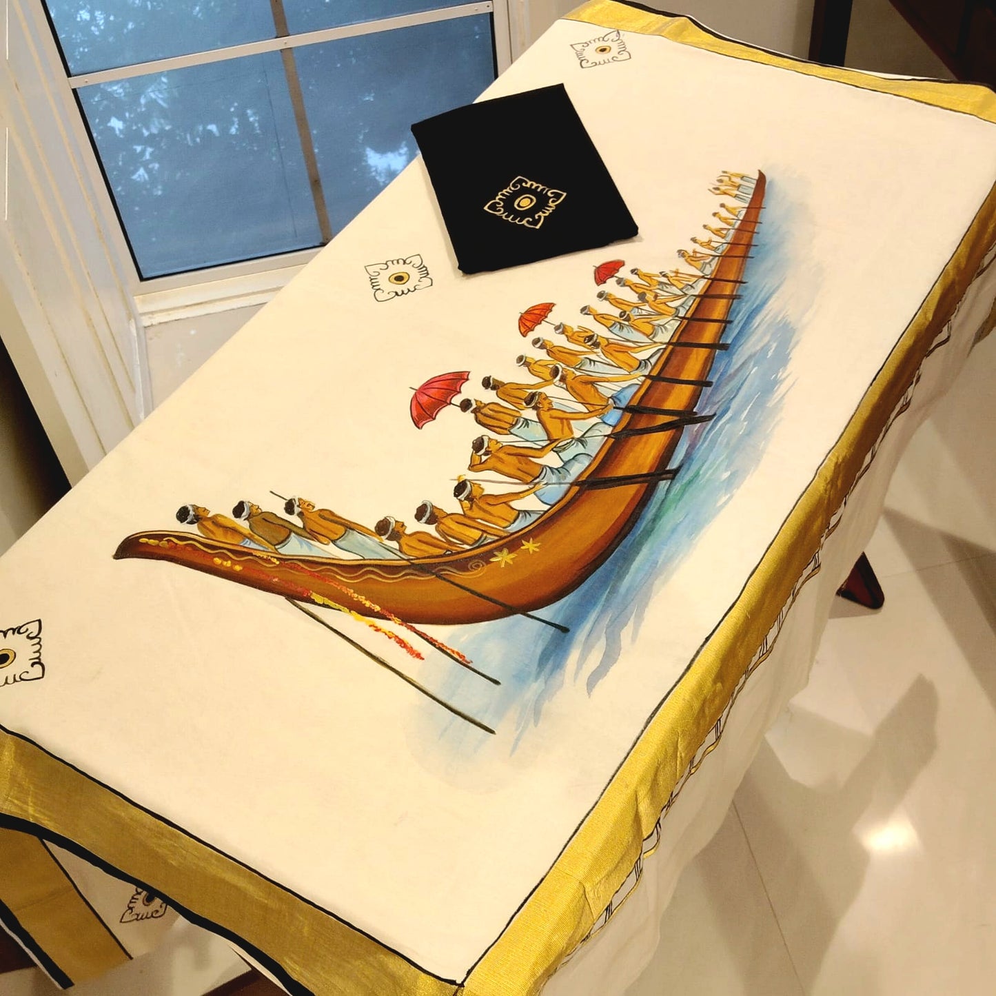 Hand-Painted Kerala Saree with Boat Race Motif
