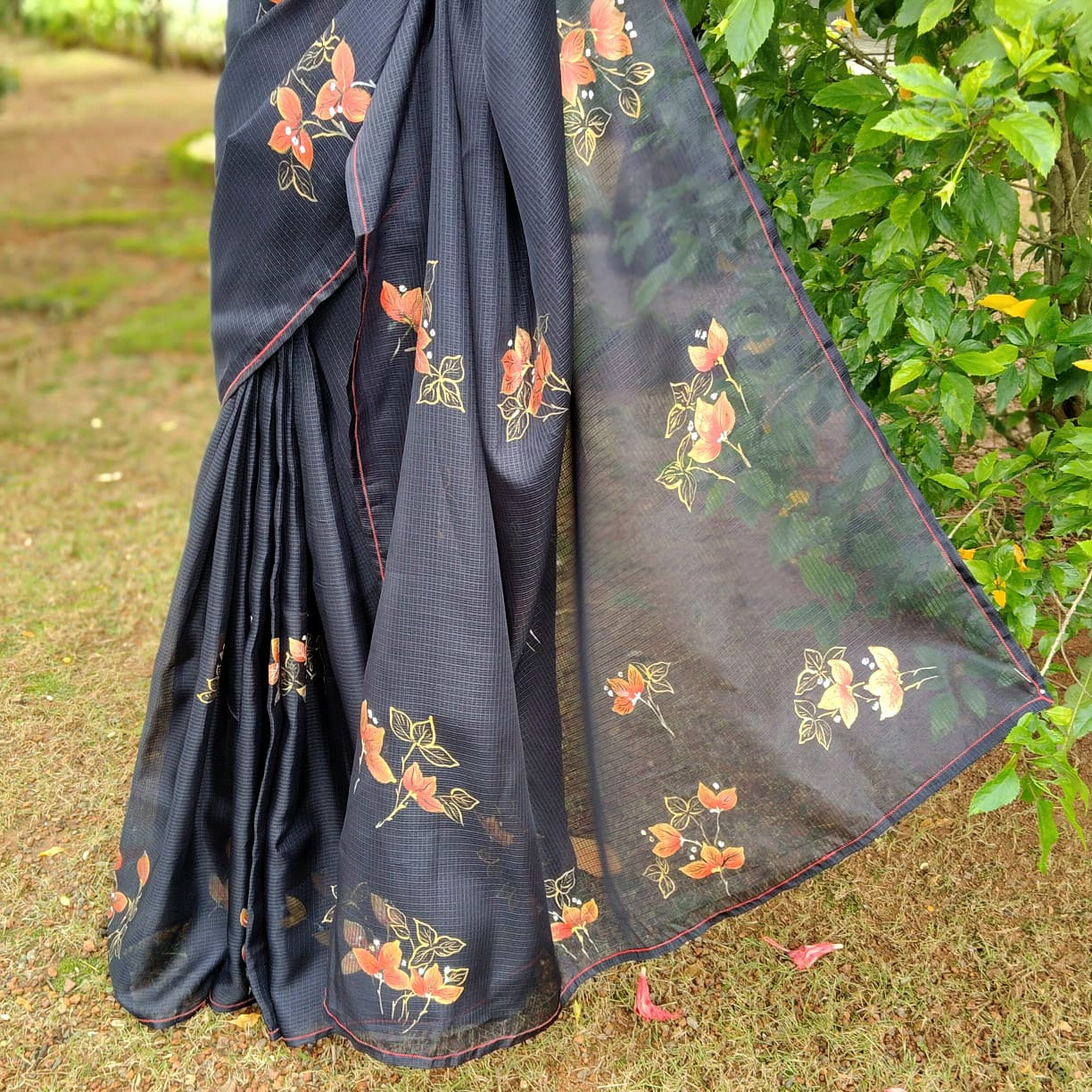 Graceful Bougainvillaeas In Antique Style Bloom Across This Soft Kota Silk Saree