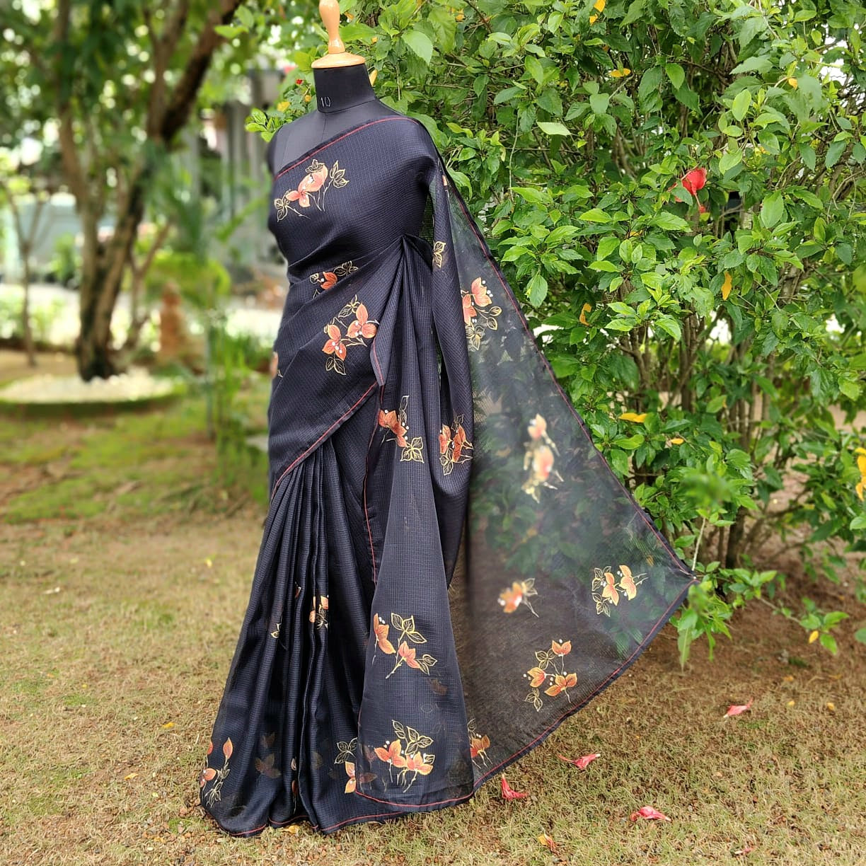 Graceful Bougainvillaeas In Antique Style Bloom Across This Soft Kota Silk Saree
