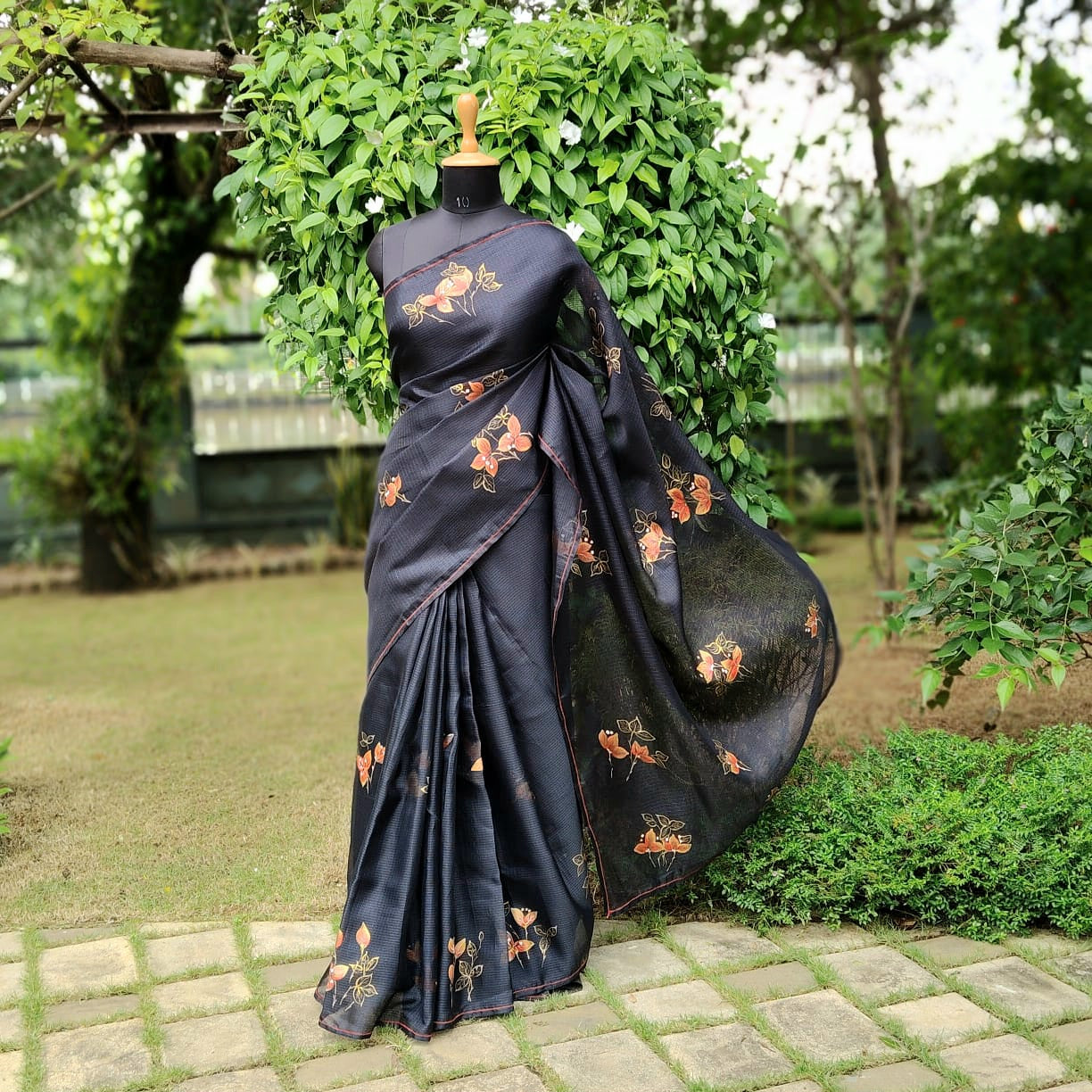 Graceful Bougainvillaeas In Antique Style Bloom Across This Soft Kota Silk Saree