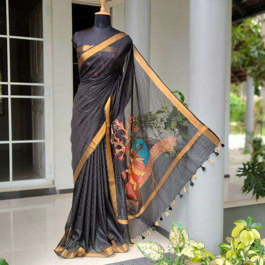 Hand -Painted Folk Art On Delicate Kota Doria Saree