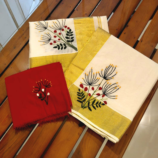 Elegant Hand-Embroidered Kerala Traditional Set Mundu