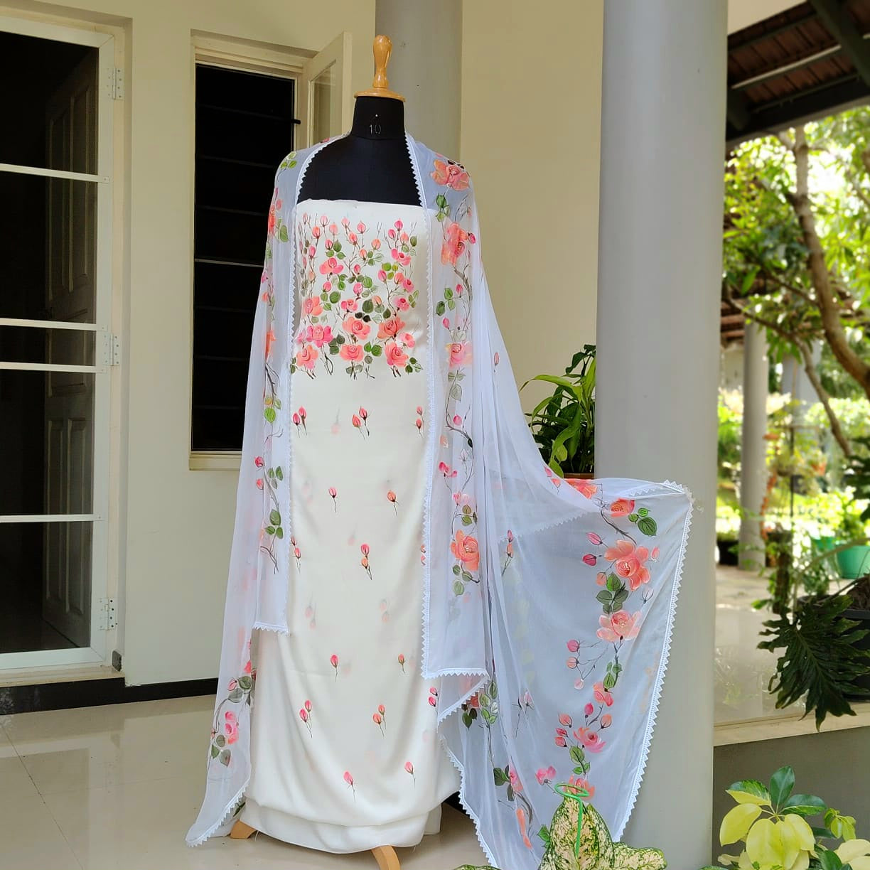 Wild Rose Whispers On Hand-painted Salwar Kameez