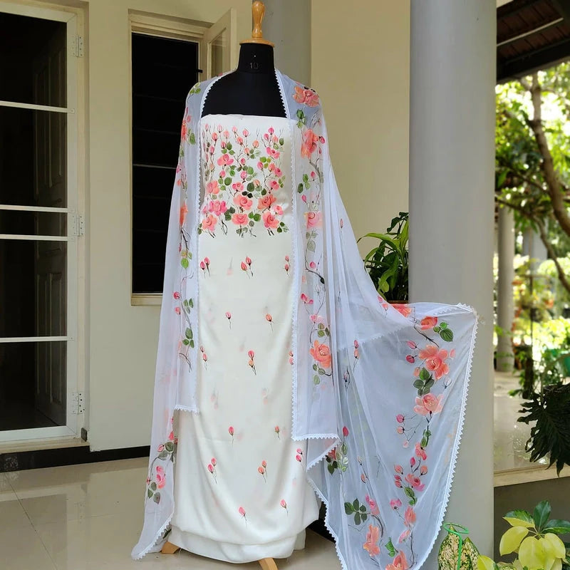 Wild Rose Whispers On Hand-painted Salwar Kameez