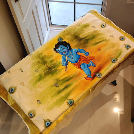 Hand-Painted Kerala Kasavu Saree Celebrating Baby Krishna