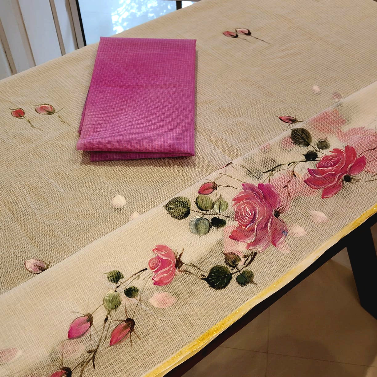 Hand-Painted Wild Rose Charm In Pure Kota Saree