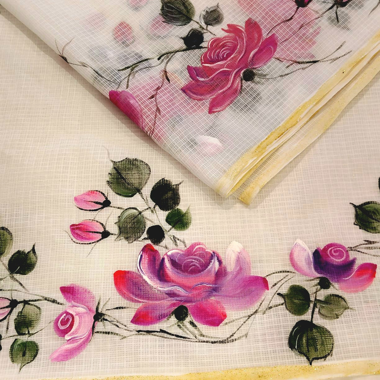 Hand-Painted Wild Rose Charm In Pure Kota Saree
