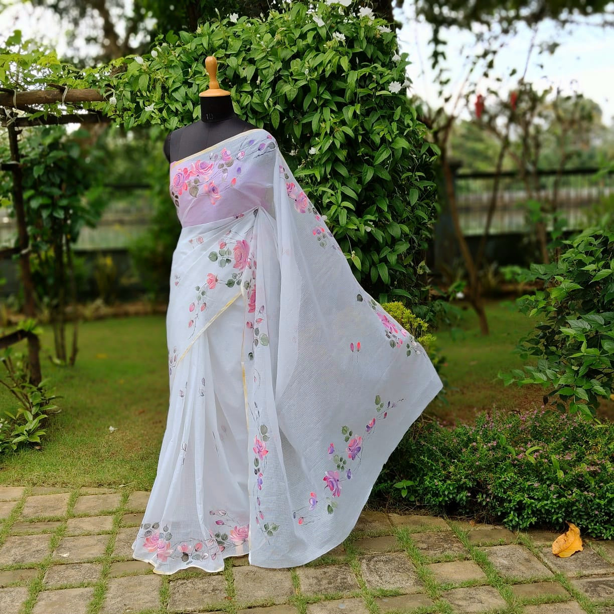 Hand-Painted Wild Rose Charm In Pure Kota Saree