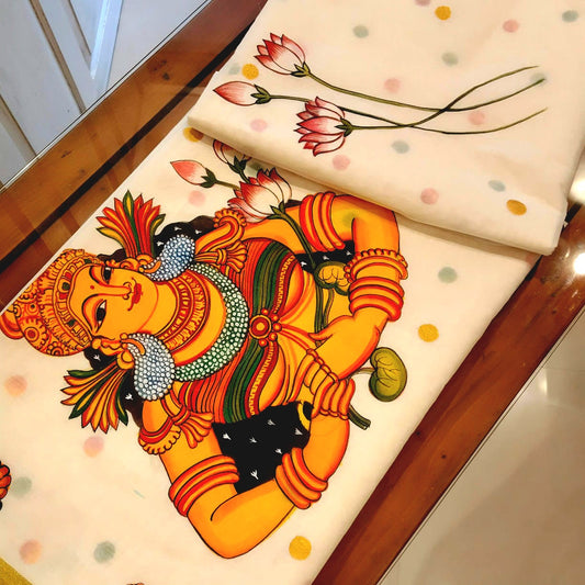 Elegant Kerala Mural Saree, Hand-Painted With Tradition