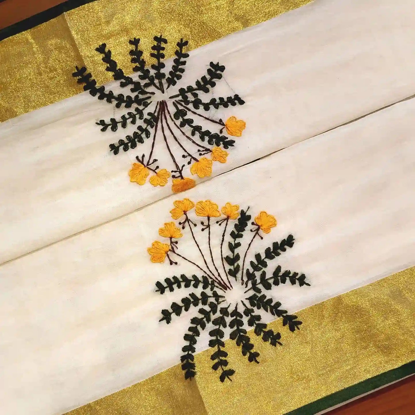 Hand-Painted/ Hand-Embroidered Kerala Saree Adorned With Delicate Wildflower Motifs