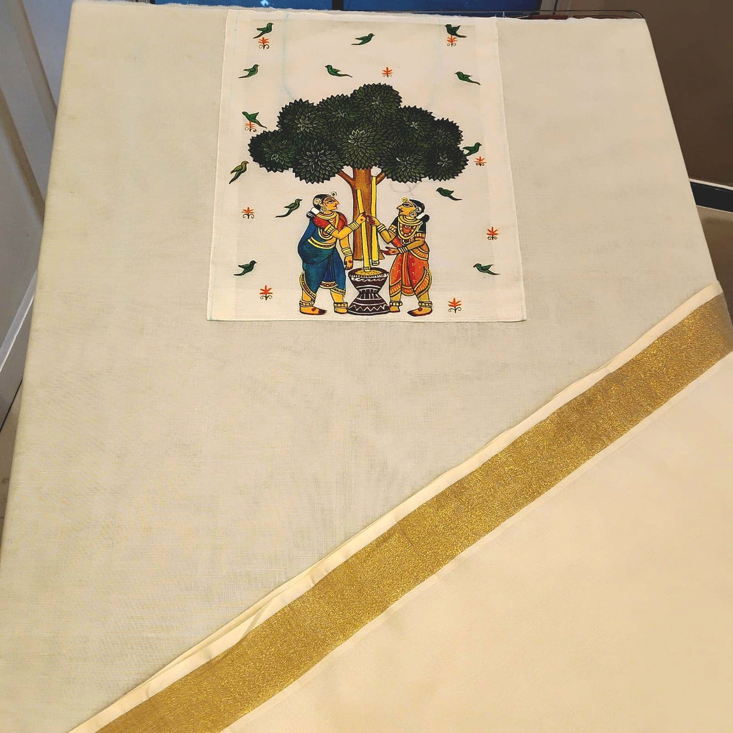 Hand-Painted Kerala Kasavu Cotton Kurti Fabric