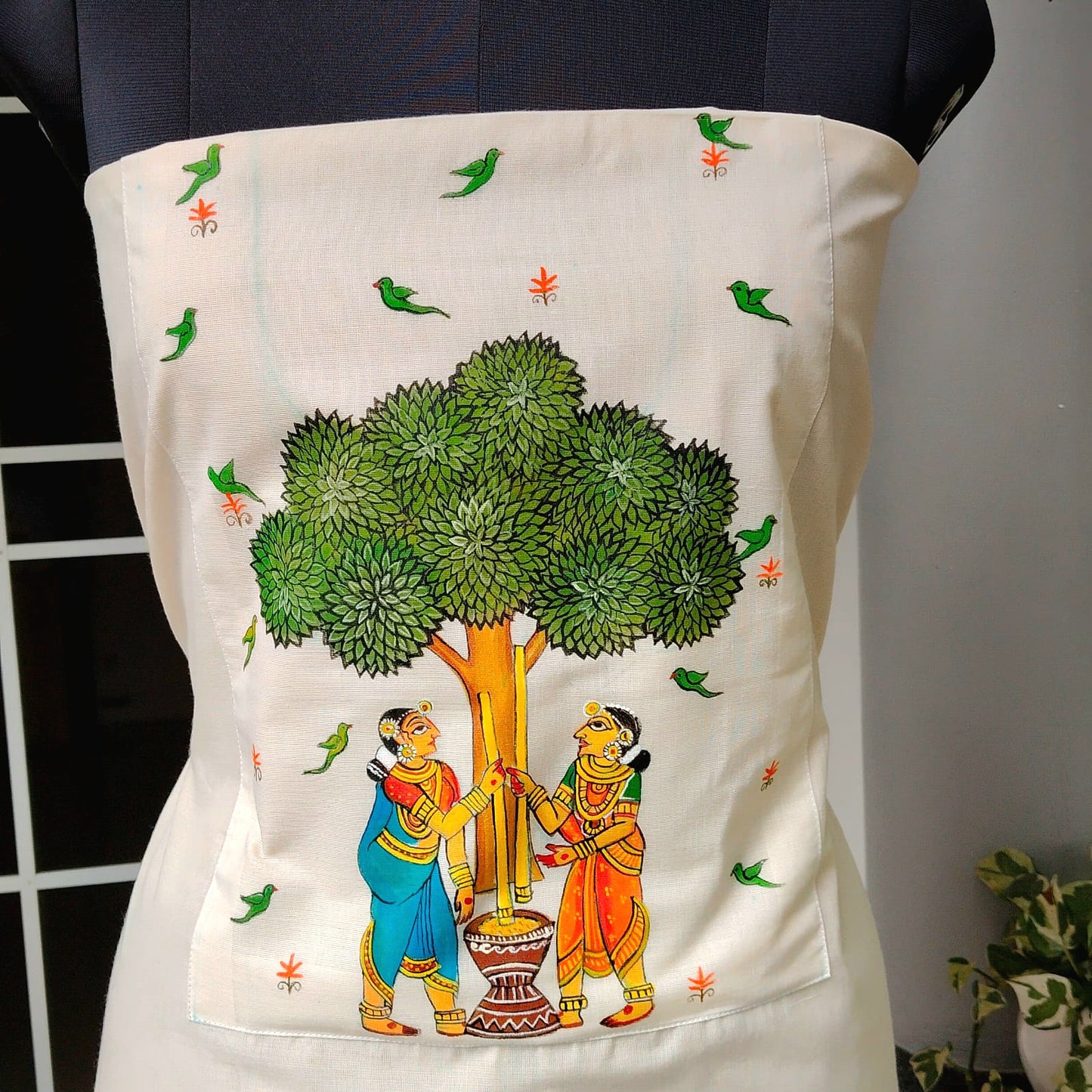 Hand-Painted Kerala Kasavu Cotton Kurti Fabric