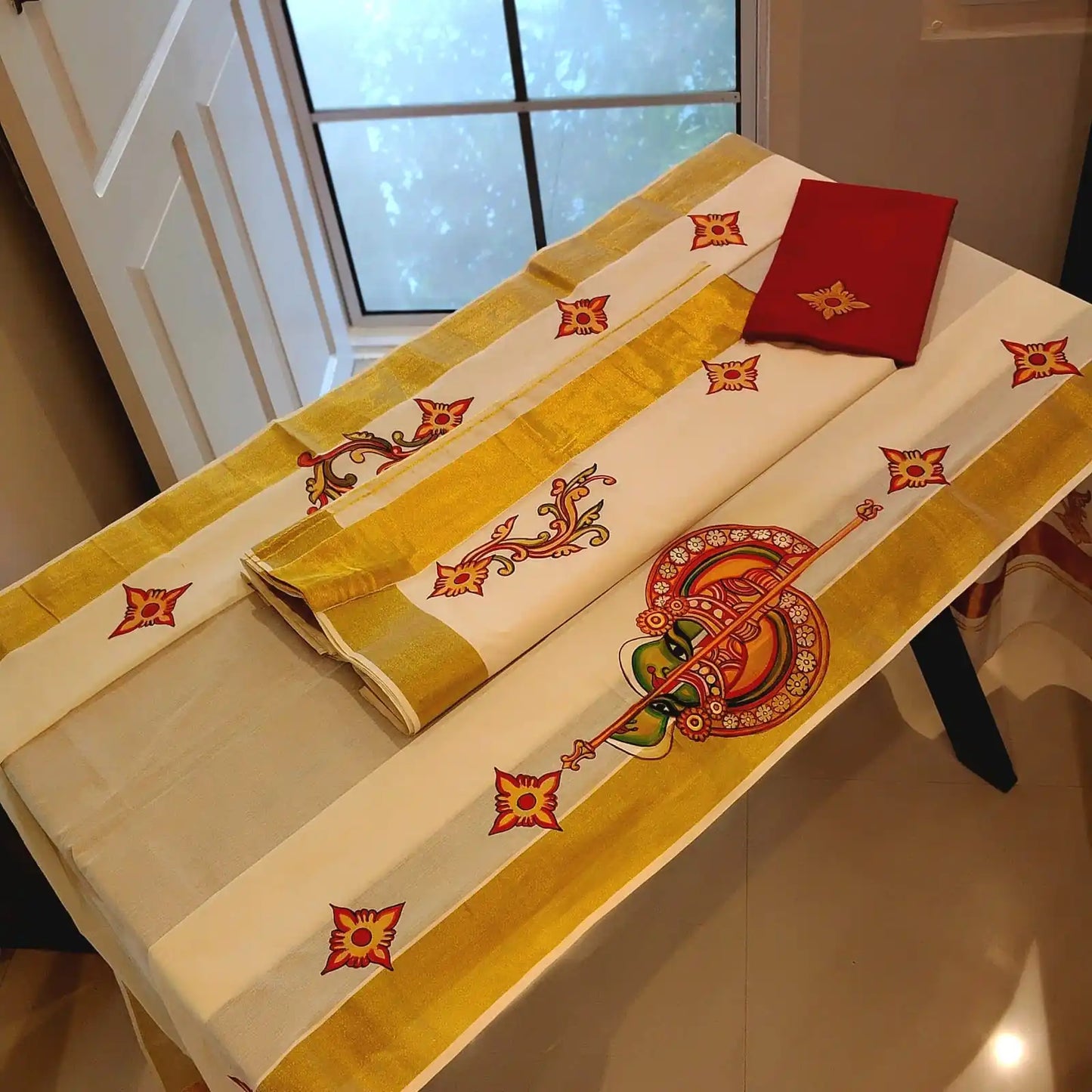 Traditional Hand-Painted Kerala Set Mundu - perfect for festivities or gifting!