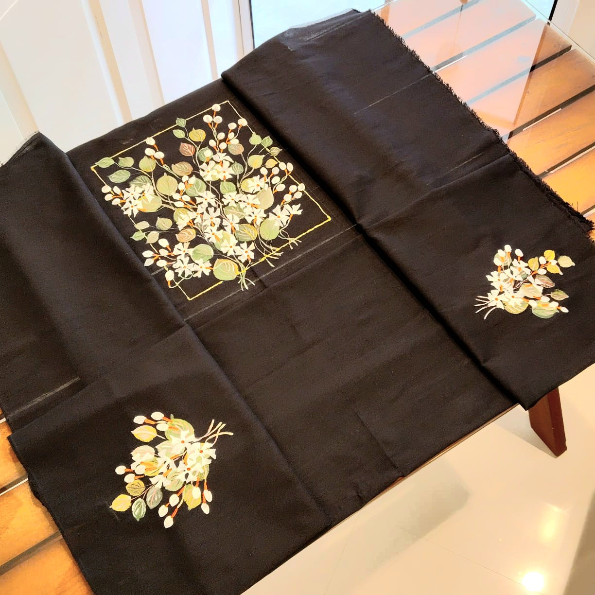 Black Raw Cotton Blouse Featuring Delicate Hand-Painted Florals