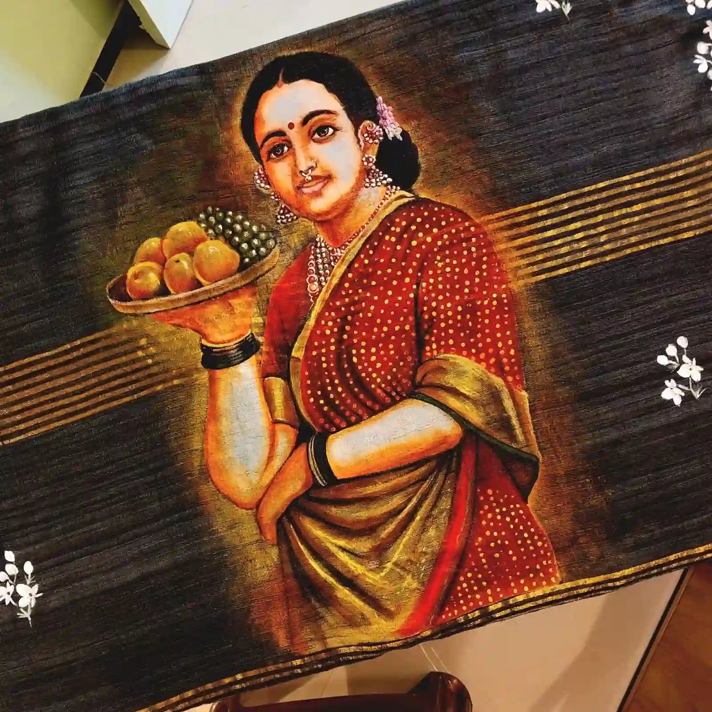 Elegant Ravi Varma Art Beautifully Hand-Painted On Tussar Geecha