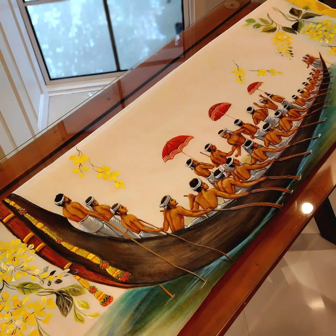 Kasavu Saree Featuring Hand-Painted Boat Race Motif