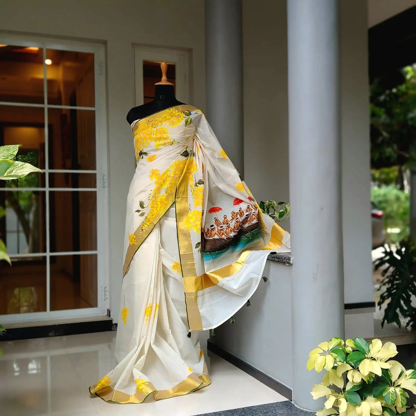 Kasavu Saree Featuring Hand-Painted Boat Race Motif
