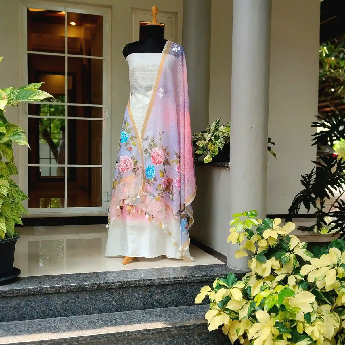Elegant Floral Story On Kota Doria Fabric