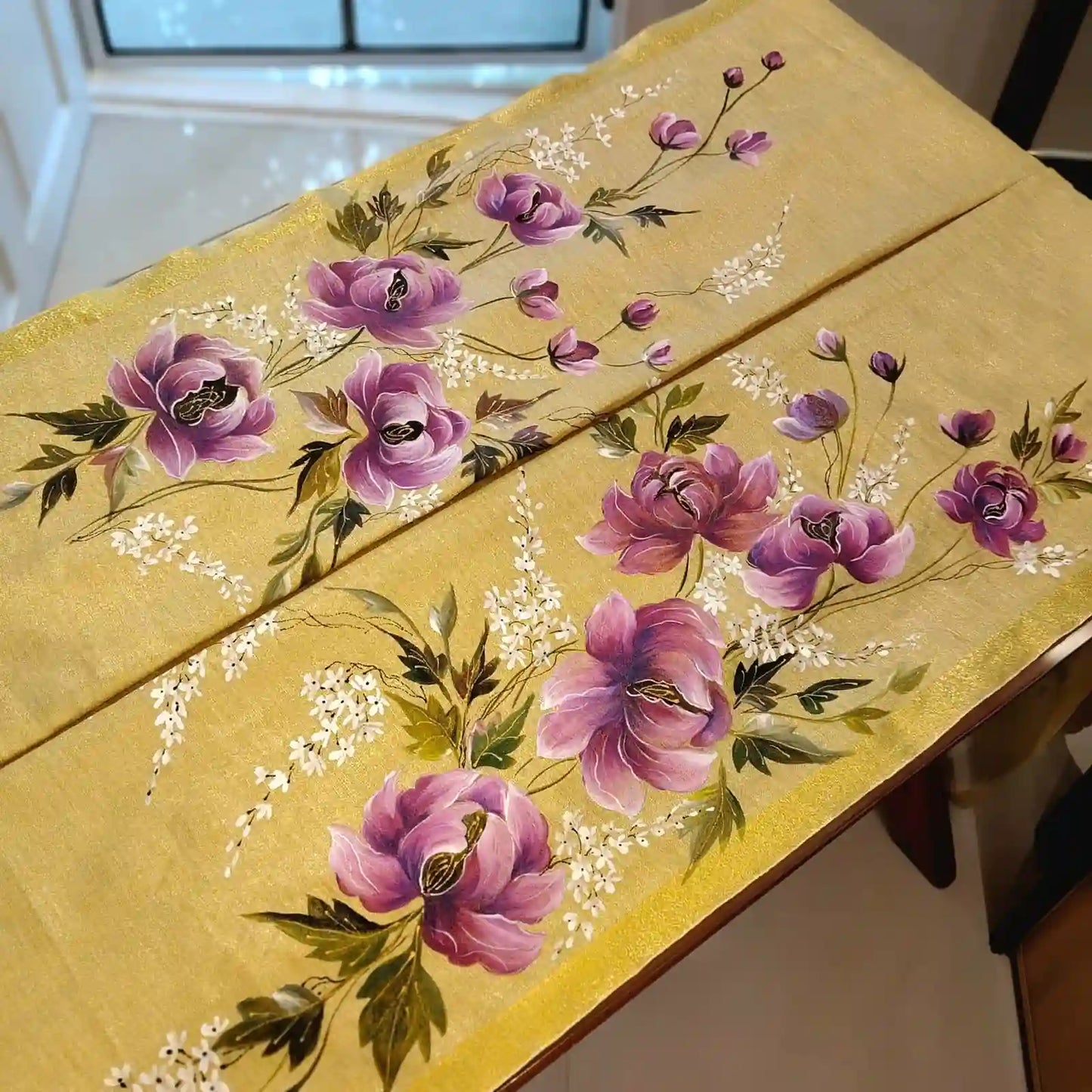 Elegant Linen Tissue Saree With Hand-Painted Peonies