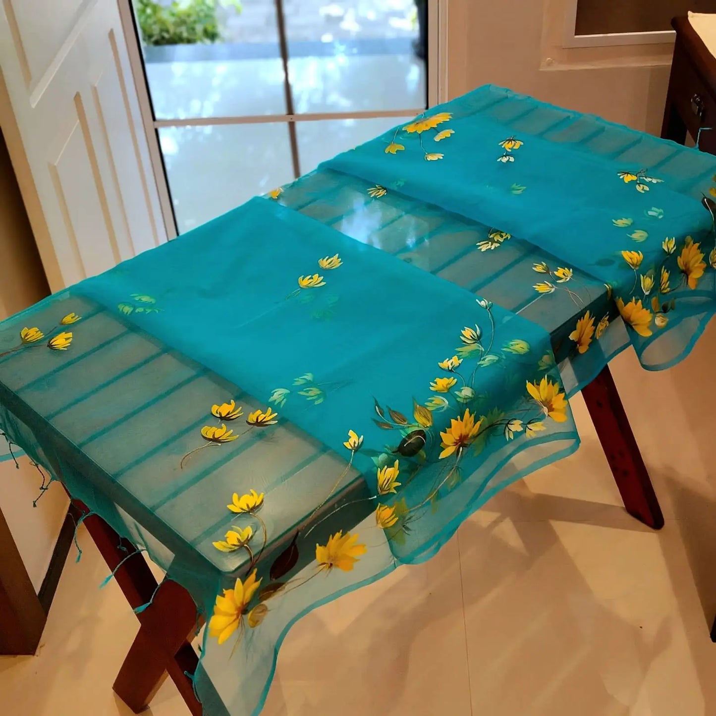 Blue Organza Dupatta with Painted Wild Flowers