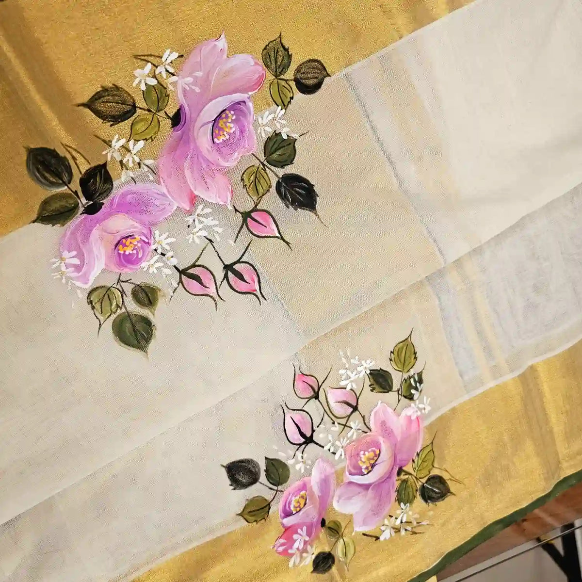 Hand-Painted Kerala Kasavu Saree -Rose Elegance