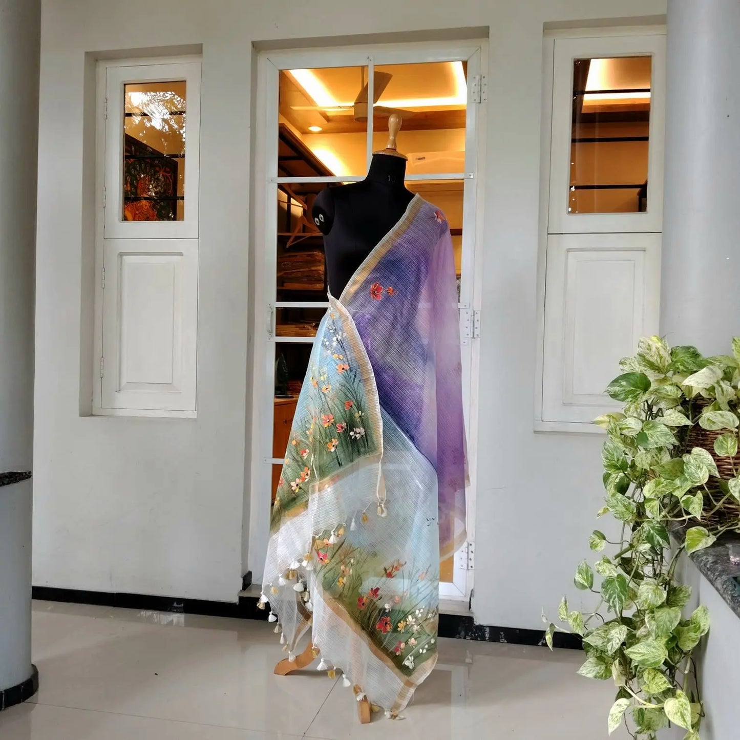 Artistic Landscape On Kota Doria Dupatta