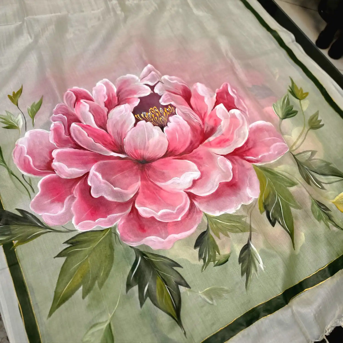 Peonies Hand-Painted On Pure Tusssar Silk Dupatta