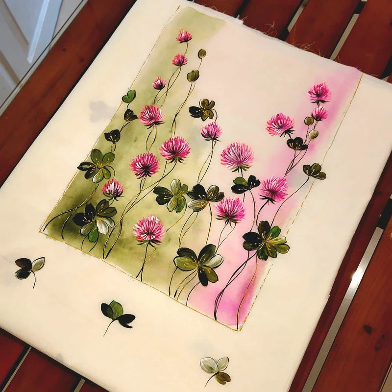 Graceful Half-White Pure Cotton Kurti Fabric Adorned With Hand-Painted Wild Blooms.