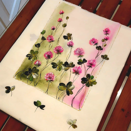 Graceful Half-White Pure Cotton Kurti Fabric Adorned With Hand-Painted Wild Blooms.