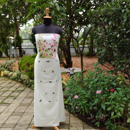 Graceful Half-White Pure Cotton Kurti Fabric Adorned With Hand-Painted Wild Blooms.