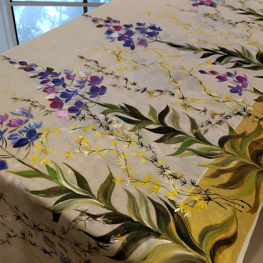 Unique Pure Handloom Kerala Kasavu Saree Hand-Painted With Delicate Wild Blossoms.