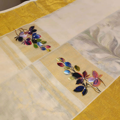 Unique Pure Handloom Kerala Kasavu Saree Hand-Painted With Delicate Wild Blossoms.