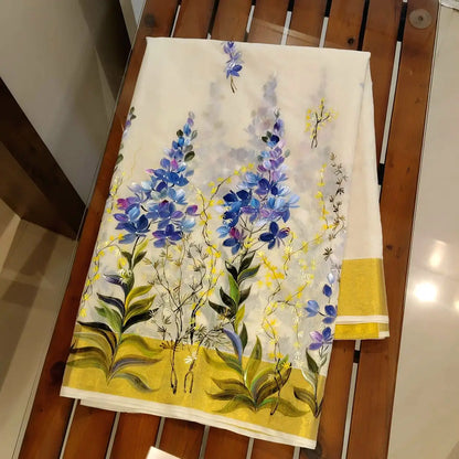 Unique Pure Handloom Kerala Kasavu Saree Hand-Painted With Delicate Wild Blossoms.