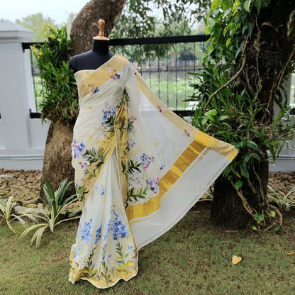 Unique Pure Handloom Kerala Kasavu Saree Hand-Painted With Delicate Wild Blossoms.