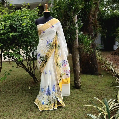Unique Pure Handloom Kerala Kasavu Saree Hand-Painted With Delicate Wild Blossoms.