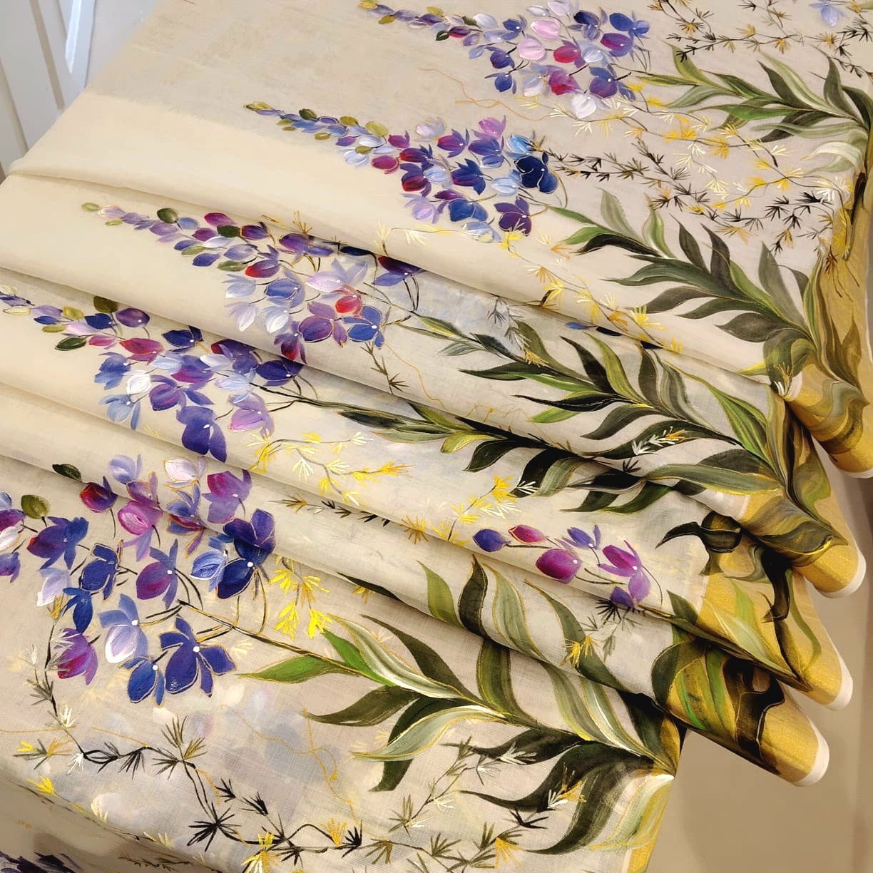 Unique Pure Handloom Kerala Kasavu Saree Hand-Painted With Delicate Wild Blossoms.