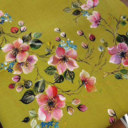 Delicately Hand-Painted Kurti Fabric Adorned With Blooming Floral Motifs.